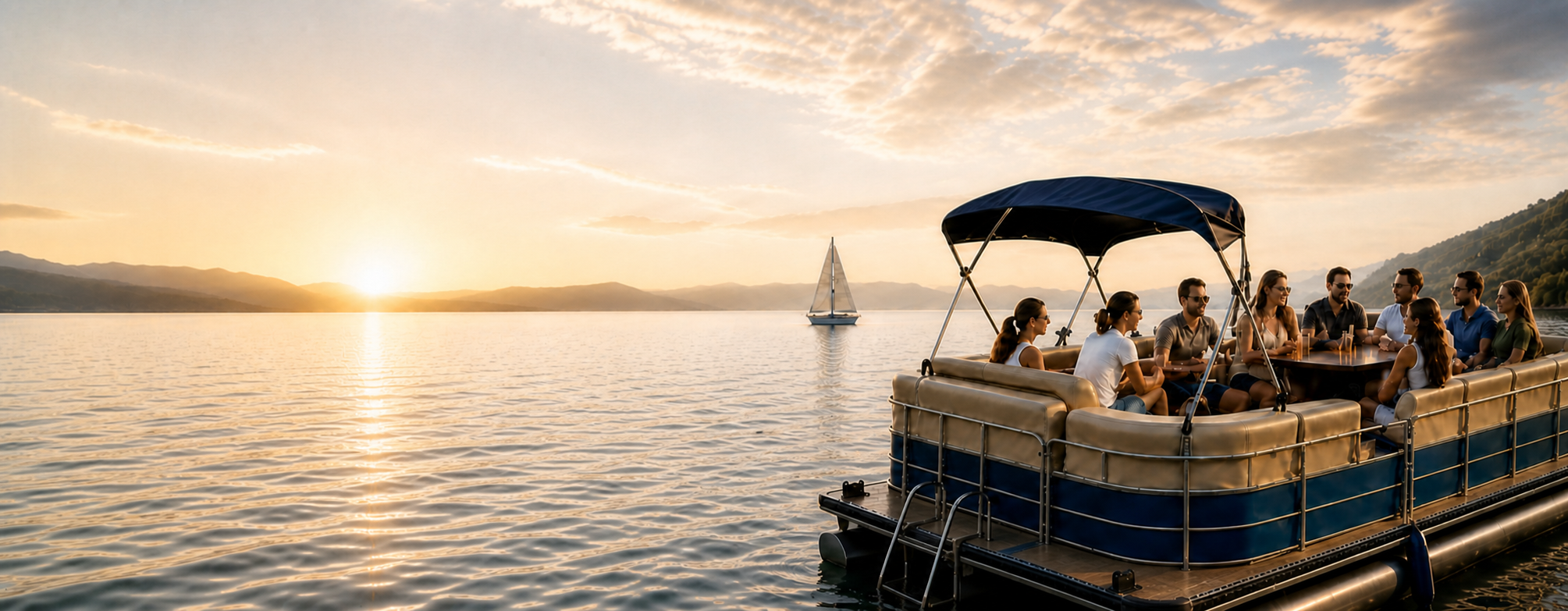 Groupe à bord d’un bateau ponton sur le Lac de Neuchâtel